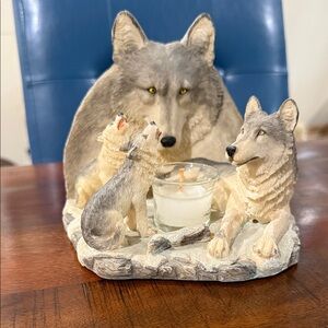 Wolf-Themed Candle Holder in Gray and Cream